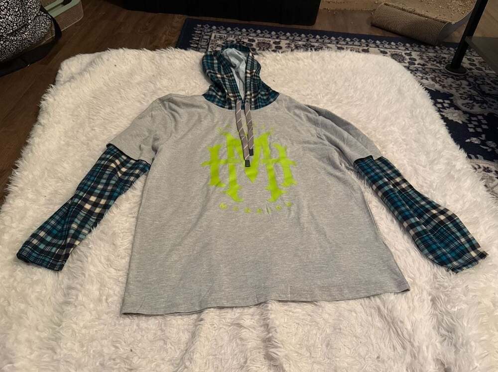 Disney Parks Haunted Mansion Layered Look Flannel Plaid Sleeve Hoodie Top Medium